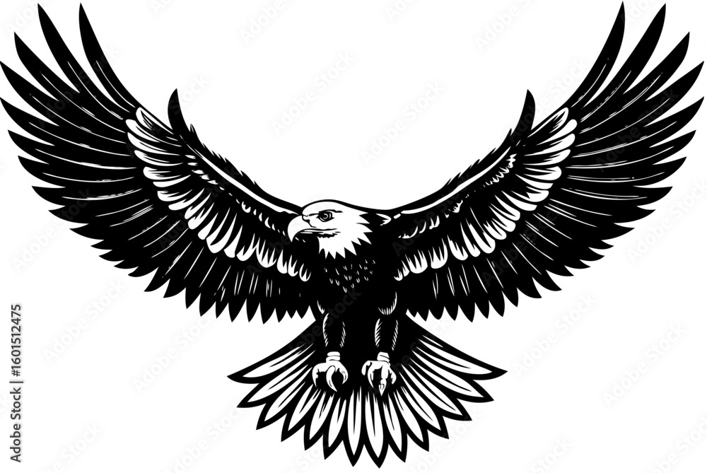Obraz premium Black vector silhouette of a majestic eagle with powerful wings in flight, a symbol of freedom