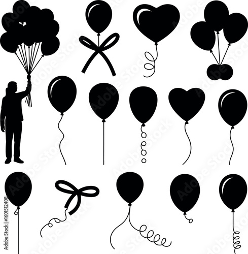 Silhouette of person holding balloons and various balloon designs bunch