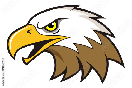 Vector cartoon mascot illustration of a bald eagle head with a black beak and white feathers