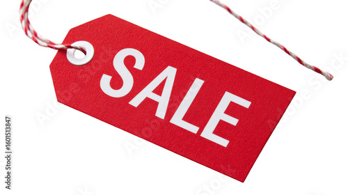 Vibrant red sale tag with bold white lettering, promoting discounts and bargains on transparent background