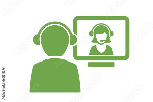 Flat communication and video call icon in green, minimalist vector style, online chat and customer support concept