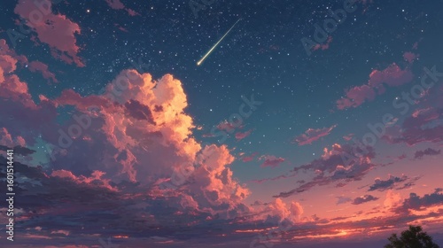 Beautiful anime style night sky with shooting star and colorful clouds, perfect for backgrounds on transparent background