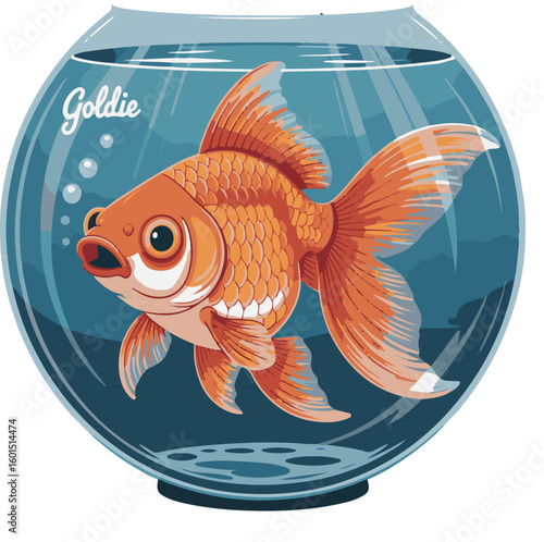 Adorable cartoon goldfish goldie swimming happily inside a clear glass fishbowl