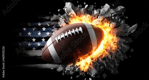 A fiery American football bursts from a shattered concrete wall, an explosion of flames and debris against a faded Stars and Stripes backdrop