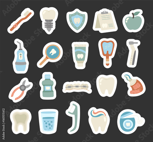 Dental supplies set in cute scandinavian style featuring cartoon of oral care tools and hygiene elements for your medical themed illustration and creative designs projects