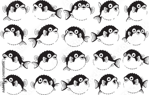 Cartoon illustration of a series of black and white pufferfish with different expressions