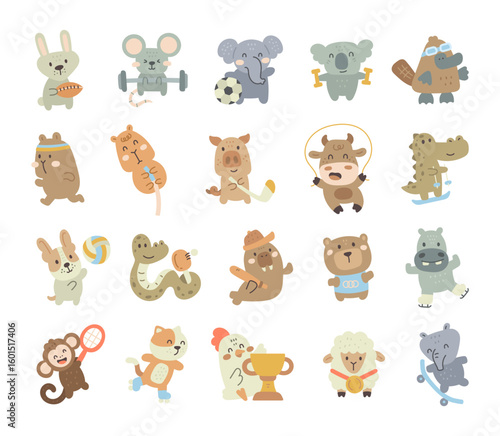 Sport animal characters set performing different activities using equipment and tools in cute scandinavian style cartoon for yours illustration and creative designs projects