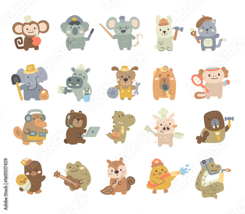 Animal profession in scandinavian style set featuring working different jobs like teacher, nurse, mechanic, musician, firefighter and farmer for yours designs projects