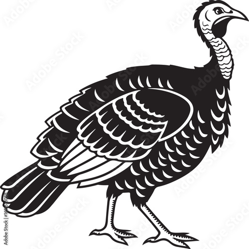 Elegant black and white silhouette illustration of a wild turkey in a walking pose