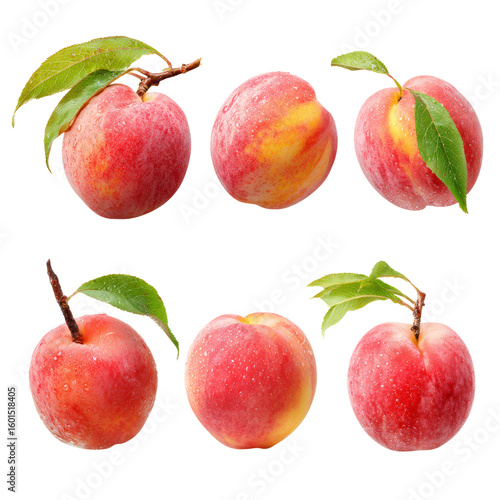 Close-up shot of various ripe peaches with green leaves, presenting a fresh and natural look