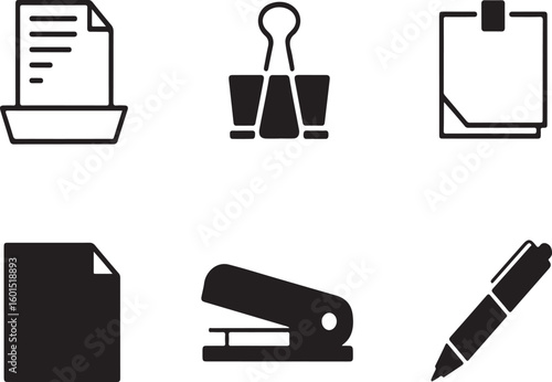 Simple black and white office supplies and stationery icon set vector illustration