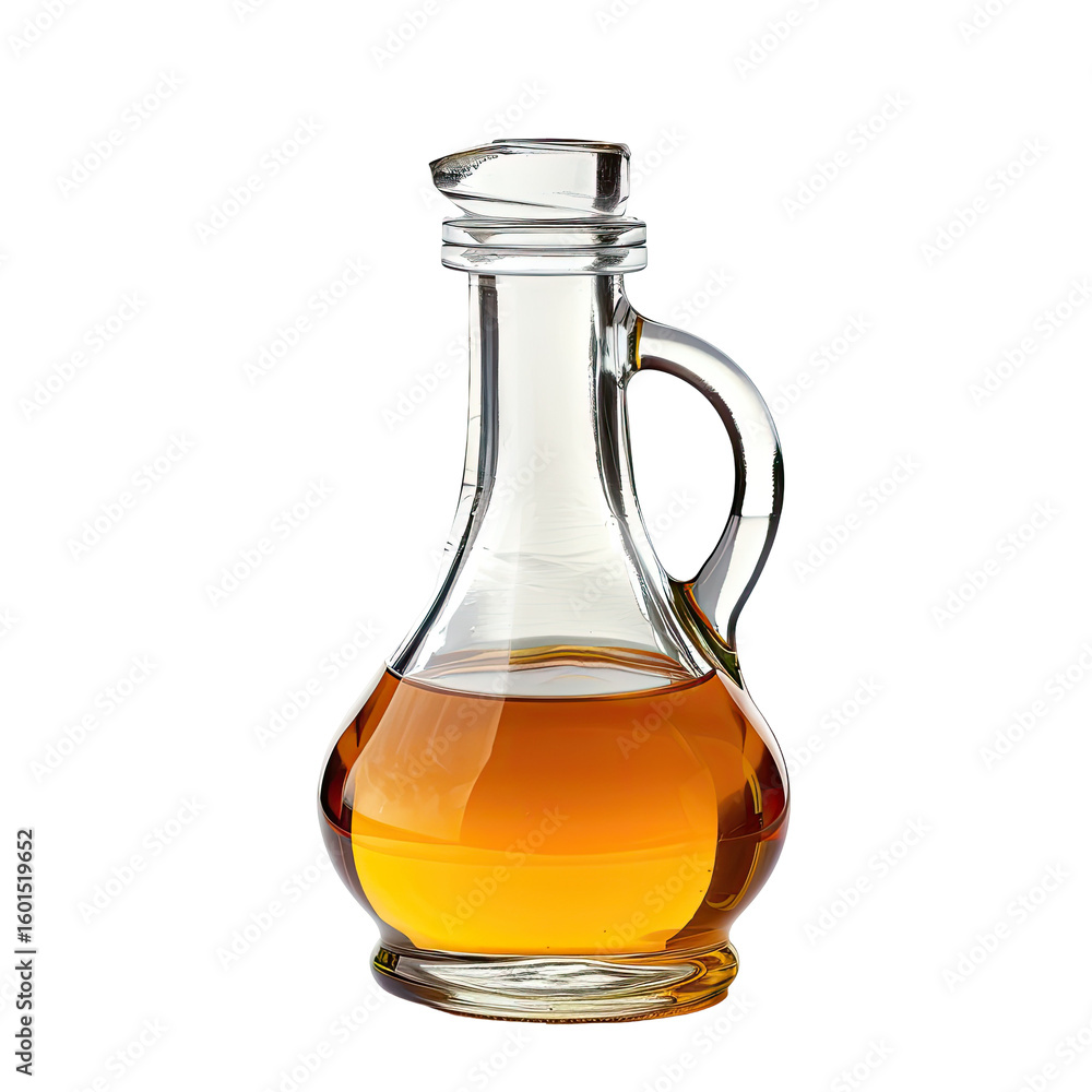 Clear glass oil jug, amber liquid inside Clear glass oil jug, amber liquid inside