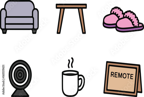Vector illustration of home office items including furniture webcam and coffee mug