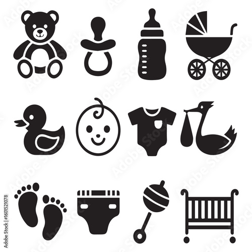 A collection of baby icons depicting newborn essentials isolated on white background