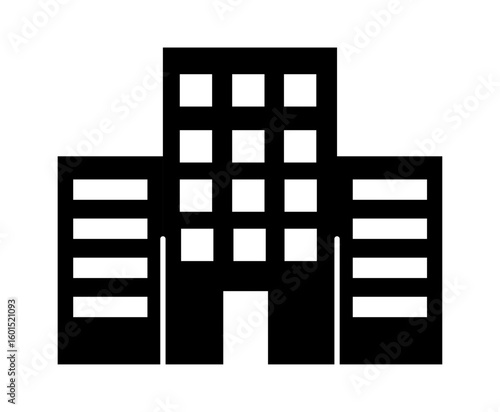A simple black silhouette of a modern office building with multiple floors and windows.