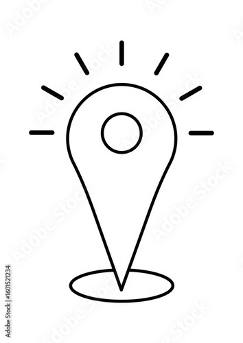 A simple black and white illustration of a location pin with radiating lines, symbolizing prominence or importance.