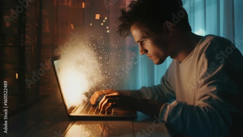 A young man working late at night on his laptop in an office with dim lighting. He is concentrating on his keyboard, suggesting a scene of intense work or study.