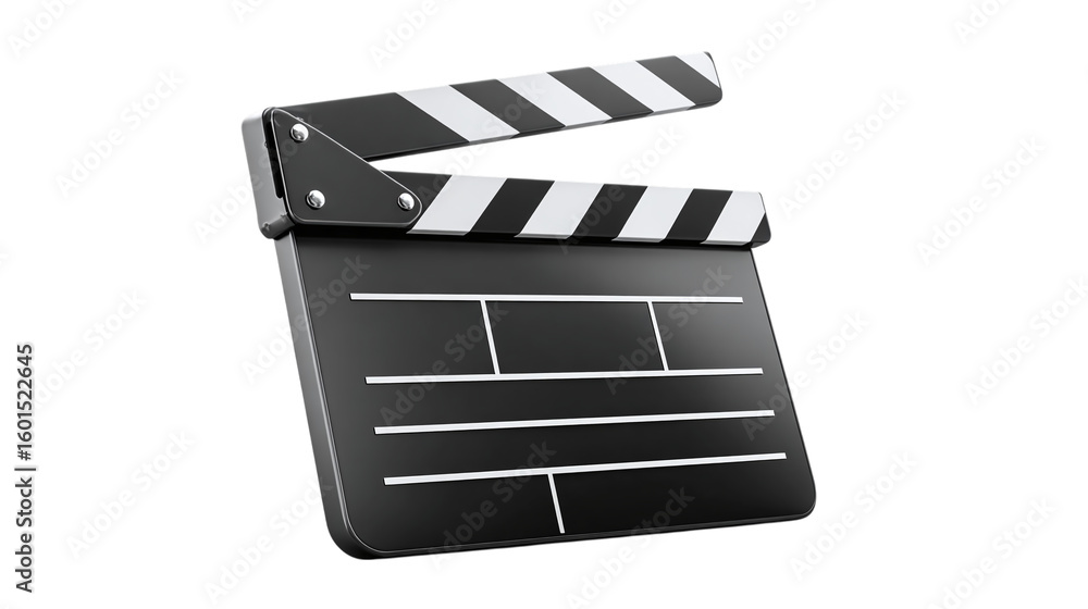 Fototapeta premium Movie clapperboard in 3D cartoon design, classic black-and-white board. isolated on transparent background