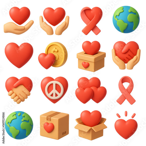 Charity 3d icon set. containing heart, globe, donation box, helping hands, peace, support, and more.