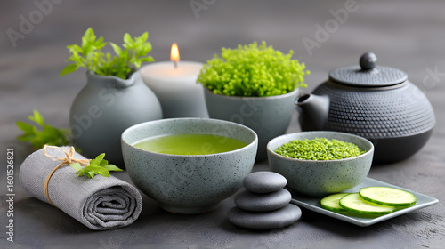 Serene spa setting with focus on holistic relaxation features teapot, green tea, candles, and fresh herbs. minimalist design enhances tranquility and calmness