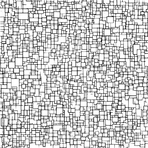 An abstract design featuring a dense arrangement of black outlined squares on a white background surface view