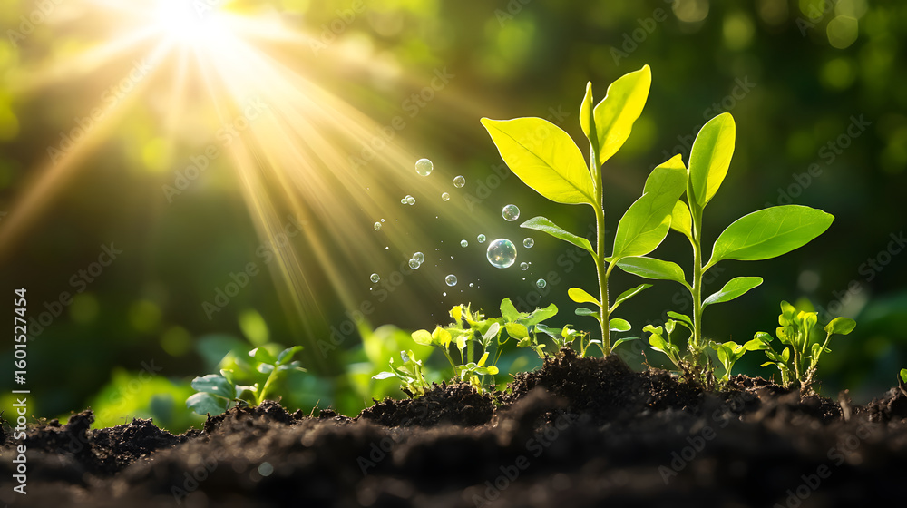 Fototapeta premium Young green plants basking in sunlight, illustrating process of photosynthesis with vibrant energy and growth. Sun rays illuminate leaves, symbolizing life and nature cycle