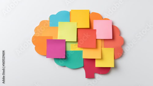 Colorful sticky notes arranged in the shape of a brain on a white background, symbolizing creativity, ideas, and mental organization.