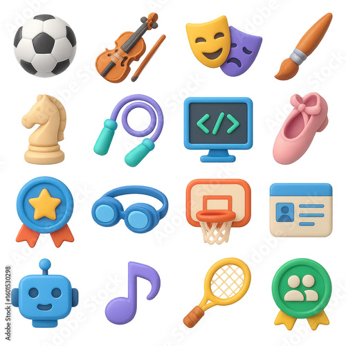Hobby 3d icon set. featuring soccer, violin, drama masks, paintbrush, chess, jump rope, coding, ballet, award, swim goggles, basketball, id card, robot, music, tennis, community