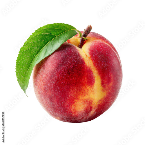 A close-up shot of a ripe peach with a fresh leaf, the image showcases the fruit's vibrant colors and textures