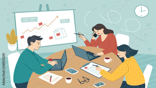 Diverse team brainstorming around a table, laptops, documents, and growth chart on whiteboard. Ideal for landing pages, presentations, and marketing materials.