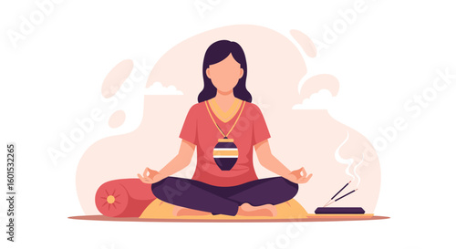Woman meditating in lotus position, perfect for wellness websites or yoga studio brochures.