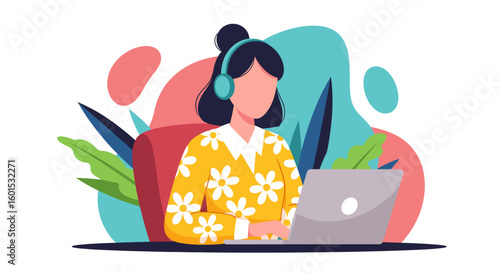 Woman working from home on laptop, wearing headphones. Perfect for blogs, websites, and articles about remote work, freelancing, or online business.