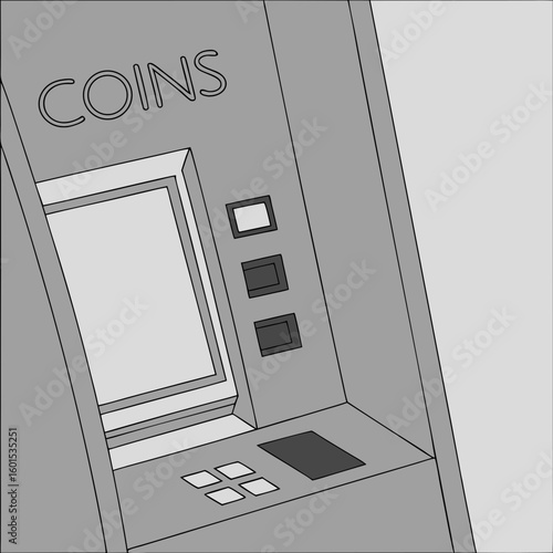 Coin-operated vending machine with buttons and display in grayscale  