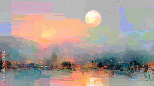 Glitch vector background with abstract landscape and moonlit sky  
