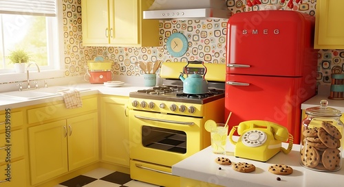 Retro Kitchen Scene Vibrant Colors Vintage Appliances and Delicious Cookies. inspiration interior design ideas 