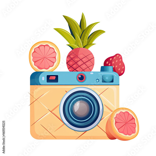 A cartoon camera, light orange/yellow, with a blue border, decorated with a pineapple, grapefruit slices, and a strawberry