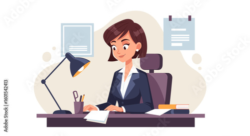 Businesswoman at her desk working, perfect for website banners or business brochures.