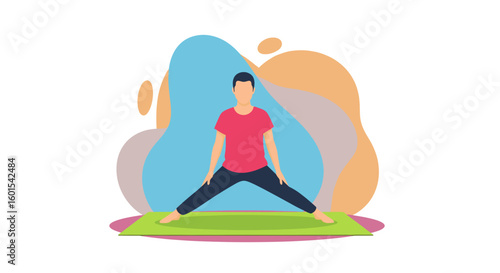 Man practicing yoga, wide-legged forward bend pose, illustration for wellness website or fitness app.