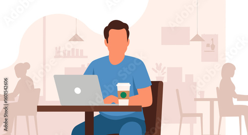 Man working on laptop in a cafe, ideal for website banners or blog posts about remote work or coffee culture.