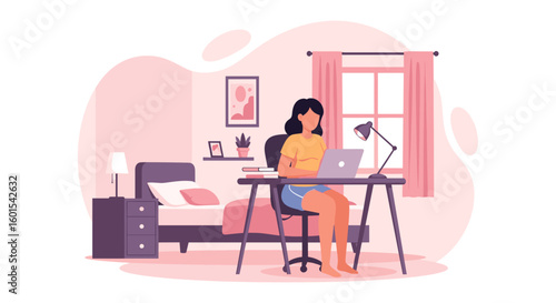 Young woman working from home on laptop in her bedroom. Perfect for websites, blogs, or articles about remote work, work life balance, or online learning.