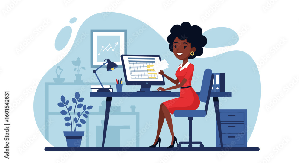 Happy businesswoman working at her desk, perfect for website banners or business brochures. Happy businesswoman working at her desk, perfect for website banners or business brochures.