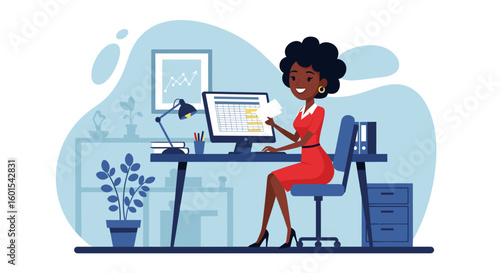 Happy businesswoman working at her desk, perfect for website banners or business brochures.