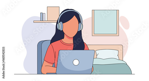 Woman working from home on laptop, wearing headphones. Perfect for blog posts, website banners, or social media.