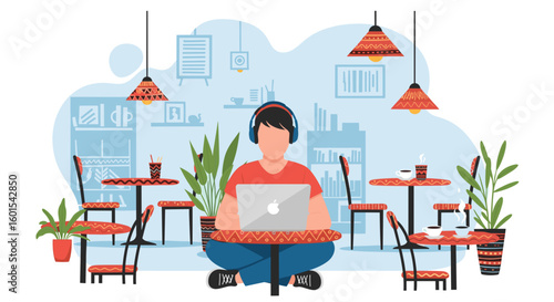 Person working on laptop in a cozy cafe, ideal for blog posts about remote work or coffee shop culture.