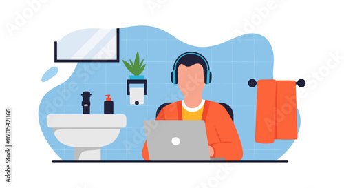 Person working on laptop in bathroom, perfect for articles about remote work, work-life balance, or modern lifestyles.