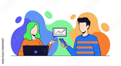 Modern illustration of business colleagues discussing growth chart on laptop and smartphone; ideal for presentations and reports.