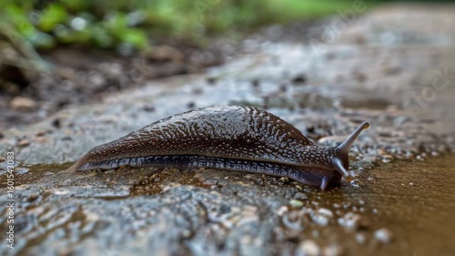 A slug traversing a wet, sludgy trail during rainfall.