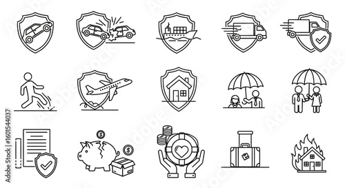Collection of line art icons representing various types of insurance coverage, including car, shipping, travel, home, and personal accident.