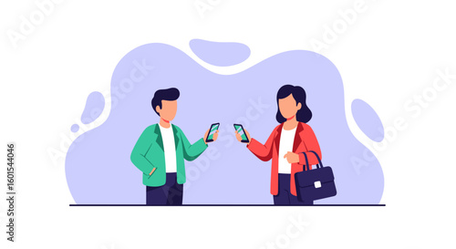 Two colleagues exchanging information on their smartphones, ideal for a business communication or technology website.