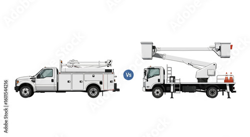 Comparison of a utility service truck and a bucket truck, both white, shown side-by-side against a plain white background.